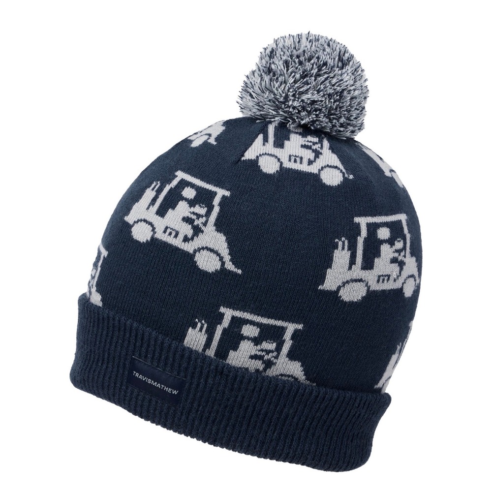 TravisMathew Mapes Beanie Mens Navy Blue Golf Cart Pom Cuffed Knit Hat Winer New